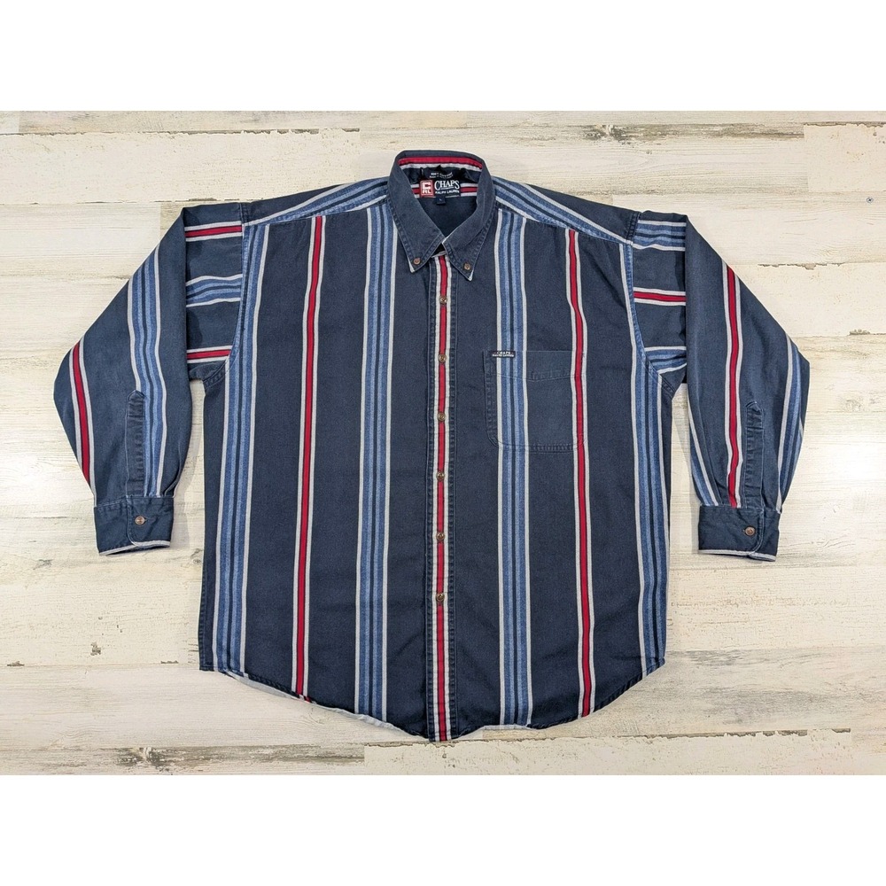 Vintage Chaps Ralph Lauren Mens Large Striped Denim Brushpopper Shirt Navy Blue